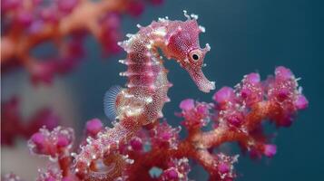 Captivating Seahorse Displaying Vibrant Colors on Coral Reef Surrounded by Delicate Pink Sea Flora Underwater Scene photo