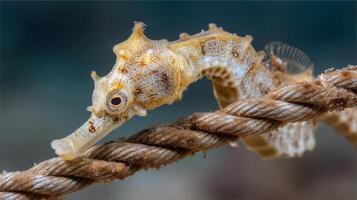 Close-up of a unique seahorse resting on a thick rope in vibrant underwater habitat showcasing intricate details and textures photo