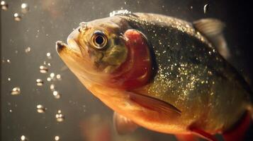 Colorful Piranha Fish Swimming in Underwater Scene with Bubbles and Sparkling Light in Natural Habitat photo