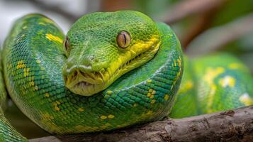 Close-Up of a Vibrant Green Snake with Yellow Patterns Resting on a Branch in a Lush Natural Habitat photo