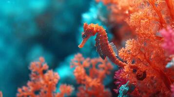 Vibrant colorful seahorse swimming near coral reef with intricate textures and patterns in a serene underwater environment photo