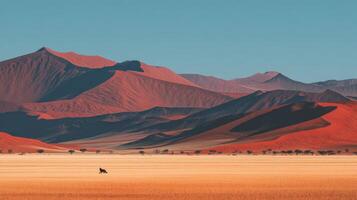 Majestic Desert Landscape with Mountain Ranges and Lone Animal Under Clear Blue Sky photo