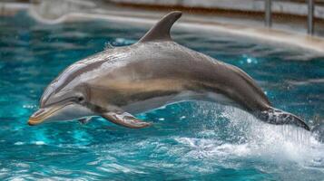 Joyful Dolphin Leaping Above Water in Aquatic Environment, Showcasing Grace and Playfulness of Marine Mammals photo