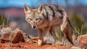 Coyote Walking Through Desert Landscape with Rocky Terrain and Colorful Background in Bright Natural Light photo