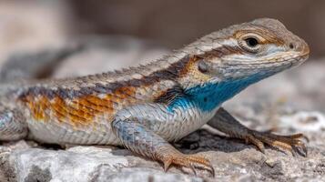 Colorful lizard basking on rocky surface with vibrant scales and clear features in natural habitat under bright sunlight photo