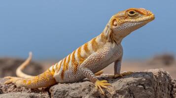 Colorful Lizard on Rocks in Natural Habitat Under Clear Blue Sky, Vibrant Desert Reptile with Unique Patterns and Textures photo