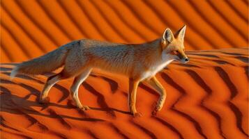Desert fox walking gracefully across vibrant orange sand dunes under bright sunlight in a picturesque desert landscape photo