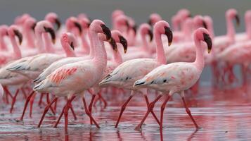 Graceful pink flamingos walking in a serene wetland environment during sunset, showcasing their elegant posture and colors photo