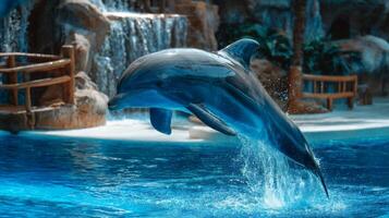 Majestic Dolphin Leaping Above Clear Blue Water in Naturalistic Ocean Habitat with Waterfall Background photo