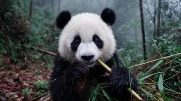 Playful giant panda chewing bamboo in lush green forest, with misty background creating serene and enchanting atmosphere photo