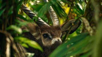 Majestic Antelope Peering through Lush Green Foliage in a Dense Tropical Forest Environment photo