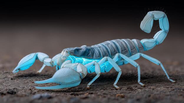 Close-Up Image of a Glowing Blue Scorpion in Dark Environment, Showcasing Its Unique Features and Intricate Details photo