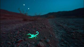 Glowing Scorpion Under Night Sky with Stars in Desert Landscape Highlighting Nature's Unique Night Creatures photo