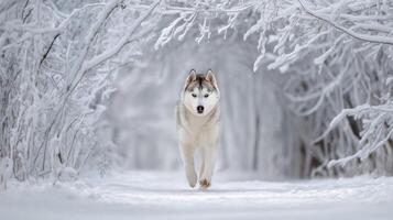 Majestic Siberian Husky Running Through Snowy Forest Path with Frosted Trees and Glimmering White Snow in Winter Wonderland Scene photo