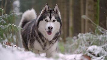 Majestic Siberian Husky Walking Through Snow-Covered Forest Amidst Evergreen Trees in Winter Landscape photo