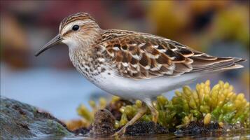 Elegant shorebird standing on rocky shoreline with vibrant green seaweed, showcasing its intricate feather patterns and natural habitat photo