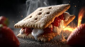 Delicious Smores with Fresh Strawberries and Creamy Marshmallow on a Dark Background with Smoke and Fire Effects photo