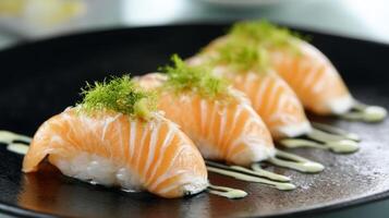 Freshly Prepared Salmon Sushi with Green Garnish on a Black Plate in a Contemporary Asian Setting photo