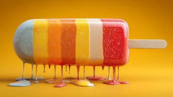 Colorful Melting Popsicle on a Bright Yellow Background with Dripping Ice Cream and Vibrant Stripes photo