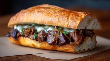 Delicious gourmet beef sandwich with melted cheese and fresh herbs on rustic wooden table setting photo
