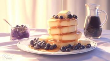Delicious stack of fluffy pancakes drizzled with syrup and topped with fresh blueberries on a white tablecloth in soft morning light photo