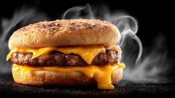 Delicious cheese burger with melted cheese and smoky steam, captured against a dark backdrop, perfect for food lovers and culinary art photo
