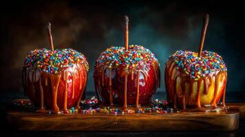 Delicious Candy Apples Drenched in Caramel and Topped with Colorful Sprinkles on Elegant Wooden Serving Board photo