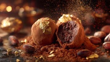 Luxurious Chocolate Truffles with Gold Flakes and Cocoa Powder in an Artistic Arrangement on a Dark Background photo