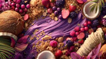 Vibrant and Colorful Arrangement of Fresh Fruits and Nuts with Creamy Texture and Natural Elements on a Rustic Surface photo