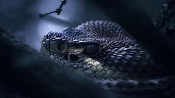 Close-Up of a Serpent Coiled in Shadows with Intricate Scale Patterns and Ominous Eyes Watching from Forest Branches photo