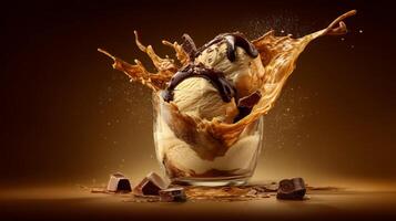 Exciting Burst of Chocolate Sauce and Ice Cream in Glass with Splashes and Chunks on Brown Background photo