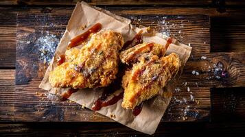 Crispy Fried Chicken Wings with Barbecue Sauce and Spices on Rustic Wooden Table Background photo