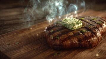 Juicy Grilled Steak with Herb Butter Melting on Top Amidst Wisps of Smoke on Wooden Cutting Board photo
