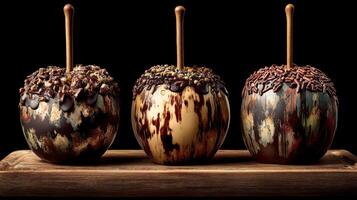 Decadent Chocolate-Dipped Apples Topped with Sprinkles, Nuts, and Drizzled Patterns on a Wooden Board Against a Dark Background photo