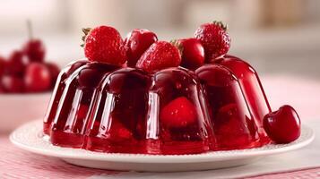 Vibrant Red Jelly Dessert Topped with Fresh Strawberries and Cherries on a White Plate in a Cozy Kitchen Setting photo