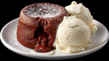 Rich molten chocolate cake with warm gooey center served with two scoops of creamy vanilla ice cream on a white plate photo