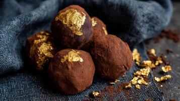 Luxurious Chocolate Truffles Coated with Cocoa and Gold Leaf on Dark Textured Background photo
