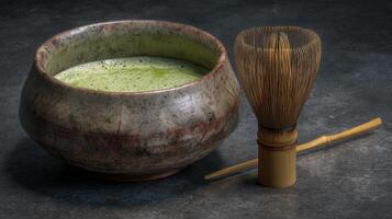 Traditional Japanese Matcha Tea Bowl with Whisk on Dark Textured Surface for Beverage and Culinary Themes photo