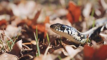Close-Up View of Snake Among Autumn Leaves with Bright Eyes and Unique Patterns in Natural Habitat photo
