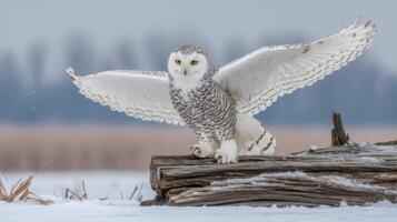 Majestic snowy owl spreading wings on a snowy landscape with log in foreground and blurred background scenery photo