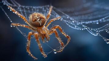 Close-Up of a Spider Captured in Web with Dew Drops, Showcasing Intricate Details and Natural Beauty of Insects photo