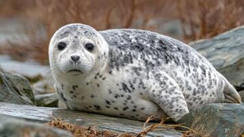 Adorable Grey Seal Relaxing on Rocky Shore Surrounded by Marine Environment and Natural Habitat in the Coastal Wilderness photo