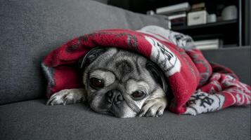 Cozy Pet Dog Pug Wrapped in Blanket Relaxing on Couch, Enjoying Comfort at Home and Embracing Warmth of Soft Fabric photo
