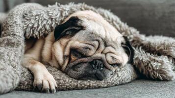 Cute and Cozy Pug Dog Sleeping Comfortably on Soft Blanket in a Relaxed Indoor Setting photo