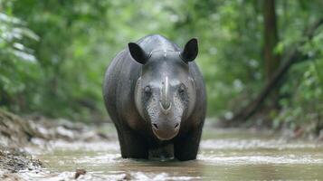 Wild Tapir Walking in a Bamboo Forest Stream Surrounded by Lush Greenery in Natural Habitat Setting photo