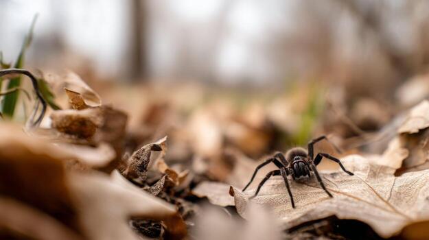 Black Spider Crawling on Brown Leaves in a Forest Floor Setting with Soft Focus Background Capturing Nature's Intricacies photo