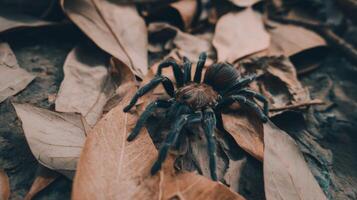 Close-Up of Tarantula Crawling on Dry Brown Leaves in Natural Habitat photo