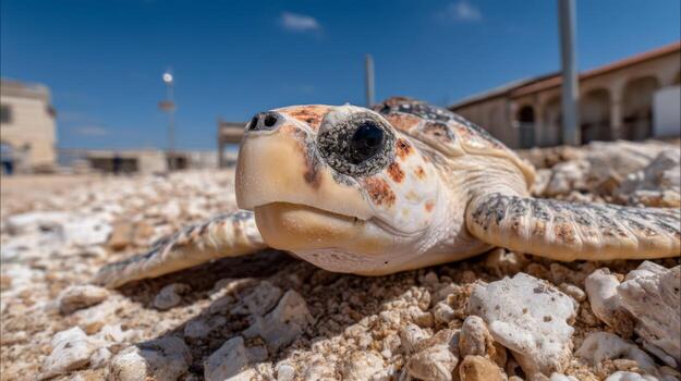 Close-Up of a Sea Turtle on a Sandy Beach with Clear Blue Skies in the Background photo