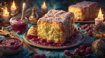 Delicious golden cake slice served elegantly on a vintage plate surrounded by rich berry compote and candles for a cozy atmosphere photo