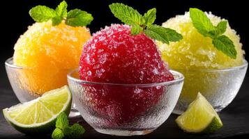 Colorful Refreshing Ice Desserts with Mint Leaves and Slices of Lime in Clear Glass Bowls Against Black Background photo